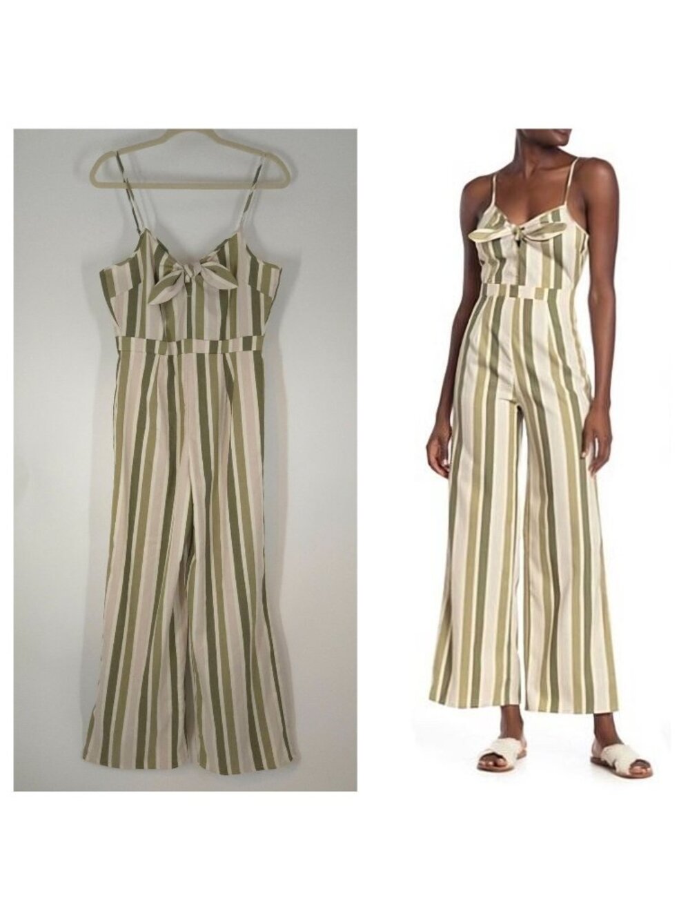 Romeo & Juliet Couture Green Khaki Striped Jumpsuit Women's Size Large NEW